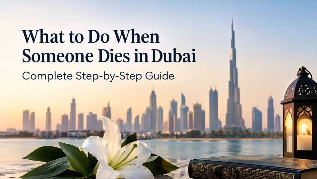 What to do when someone dies in Dubai, featuring the Dubai skyline, a white lily, and a lantern.